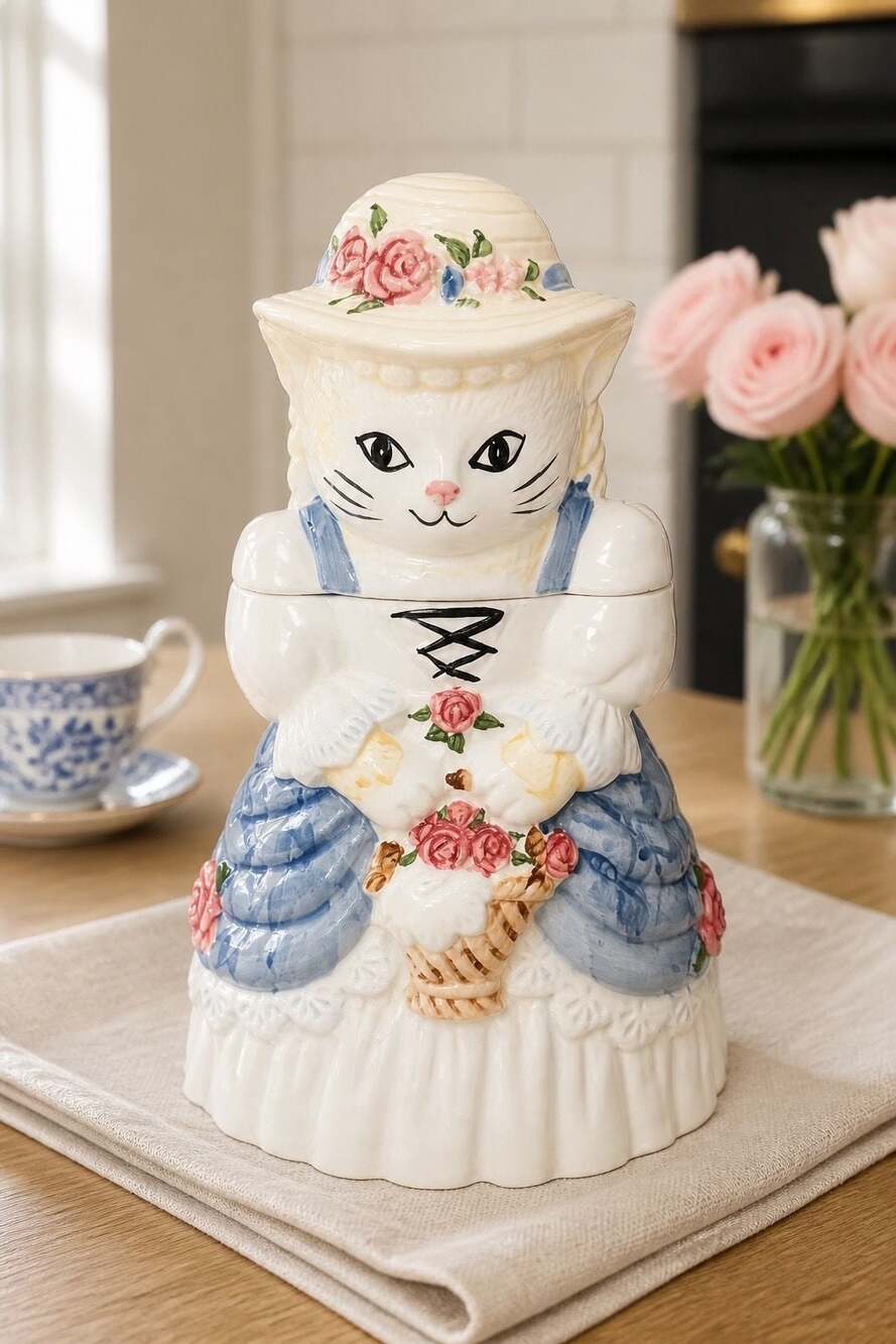 Vintage Ceramic Cat Cookie Jar Victorian Lady with Flower Basket